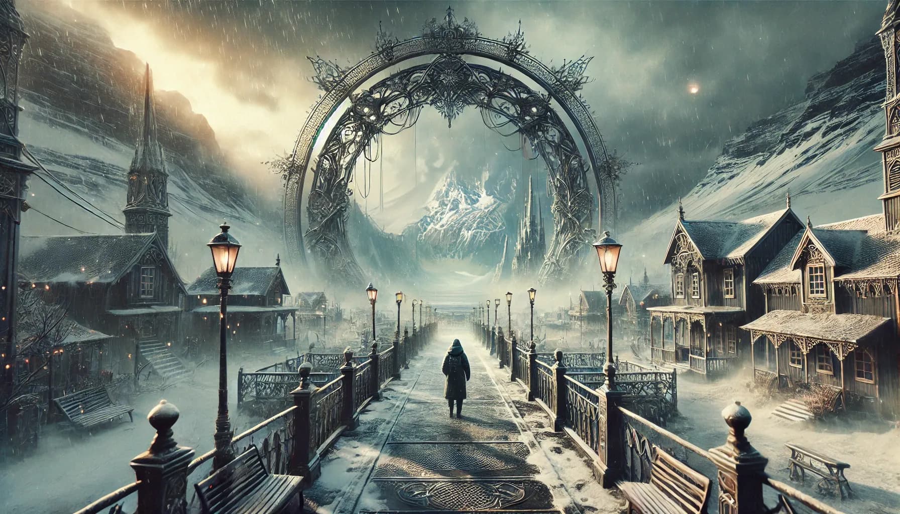 Cloaked figure walking down a snowy Victorian bridge toward an iron archway portal, gas lamps, falling snow