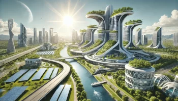 Advanced sustainable energy utopian city landscape with green rooftops, vertical gardens, and solar panels.