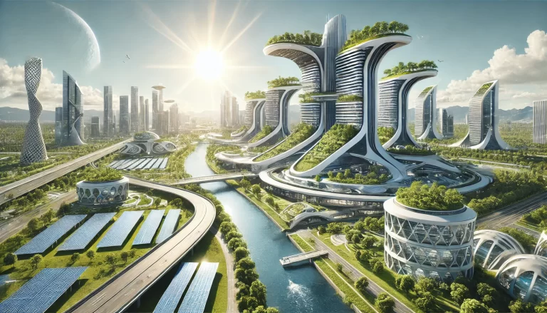 Advanced sustainable energy utopian city landscape with green rooftops, vertical gardens, and solar panels.