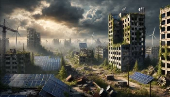 A post-apocalyptic scene with intact solar panels on rooftops and a solar farm amidst a desolate, overgrown city.A post-apocalyptic scene with intact solar panels on rooftops and a solar farm amidst a desolate, overgrown city.