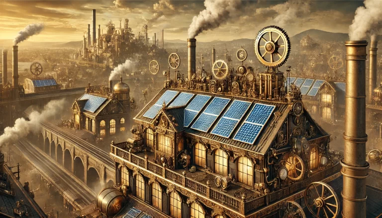 victorian era cityscape with solar panels replacing steam power on industrial rooftops