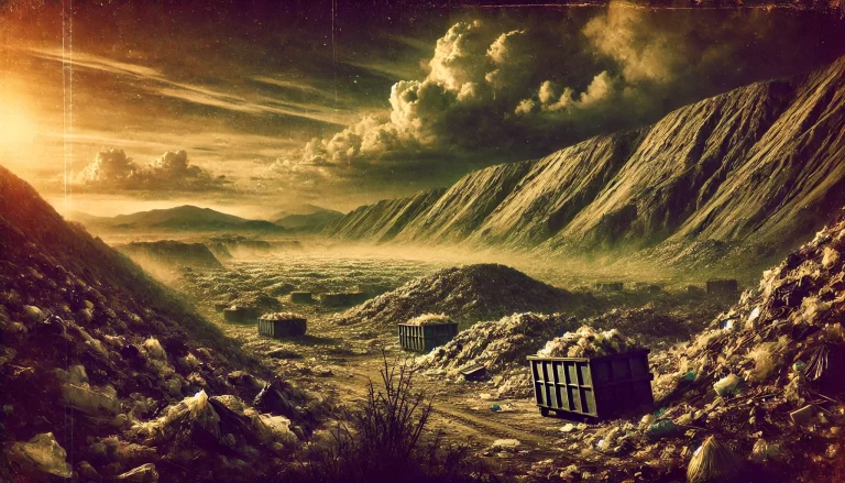 A dystopian scene of an overflowing landfill with a surreal, polluted sky and struggling plants.