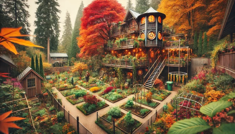 Community garden with Teslapunk and Medieval elements in autumn colors