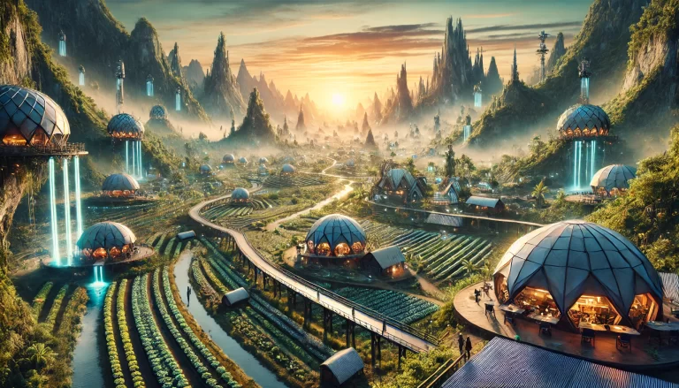 Bird's eye view of an eco-friendly futuristic landscape with a biopunk society