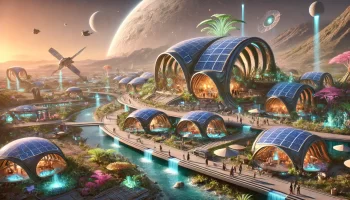 A vibrant solarpunk utopian society on an exo-planet with Art Nouveau structures and alien flora.