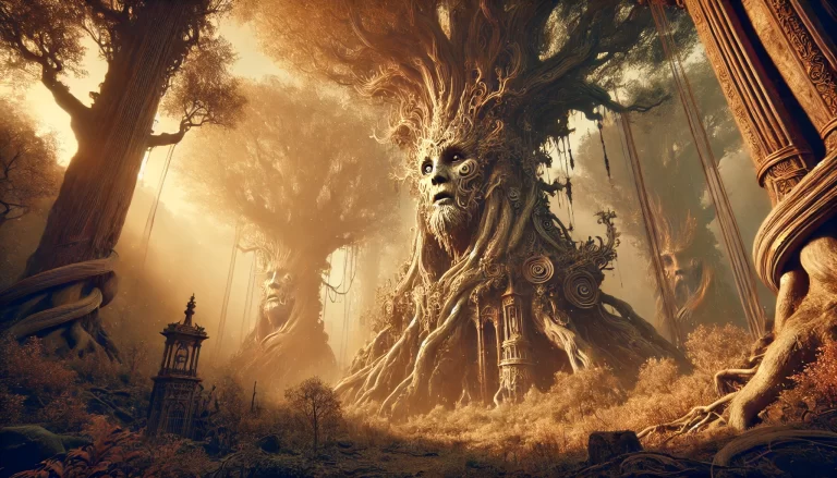 Ancient sentient trees protecting the forest with guardian animals