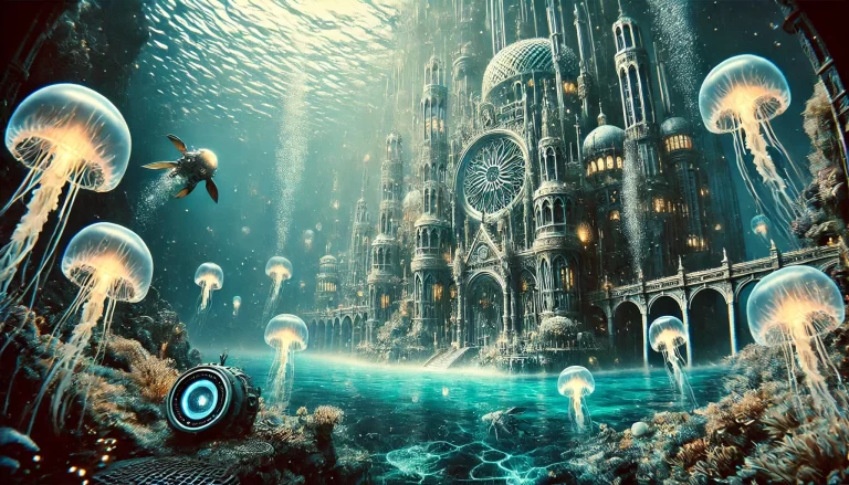 A hyperrealistic scene of an advanced underwater civilization inspired by the Renaissance. Symbolic of two worlds underwater. a sea within an ocean