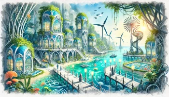 Watercolor scene of Aqua Mytho, an oceanpunk island civilization, showcasing sustainable living practices.