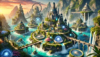 Enchanted Arcane Archipelago civilization integrating magic and technology on lush islands