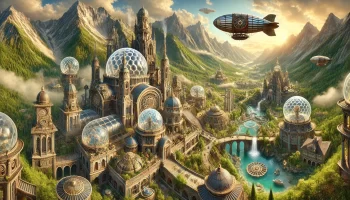 Celestial Emporium, a utopian mountain society blending Victorian Steampunk, Art Nouveau, spirituality, and sustainable energy