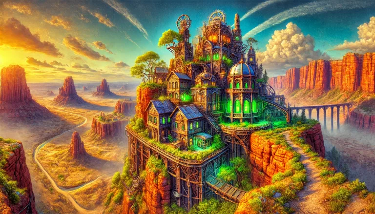 Steampunk city atop a mesa with lush greenery and Art Nouveau designs