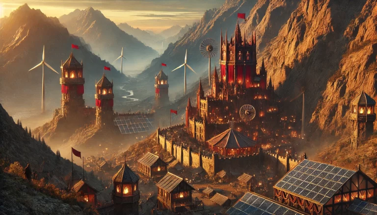 Gothic city of the Crimson Dominion at golden hour with sustainable magical technology and mountainous terrain