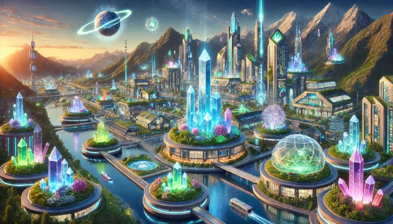 A futuristic city powered by glowing crystals, with gemstone-inspired architecture, green roofs, vertical gardens, floating transportation systems, and holographic interfaces, blended seamlessly with mountains, forests, and water bodies.