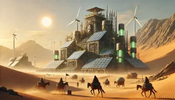 Cyber-enhanced nomadic tribes using renewable energy in a dystopian desert environment with Brutalist mega-structures.