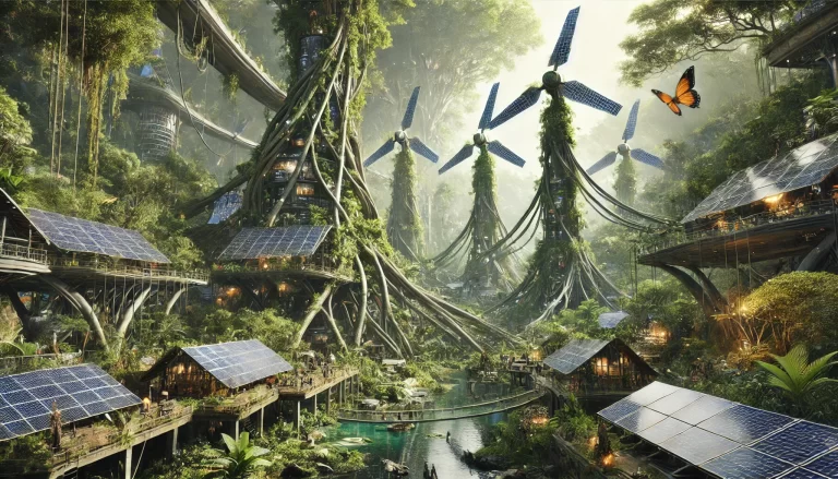 Cyberpunk jungle sustainability with advanced technology and natural elements