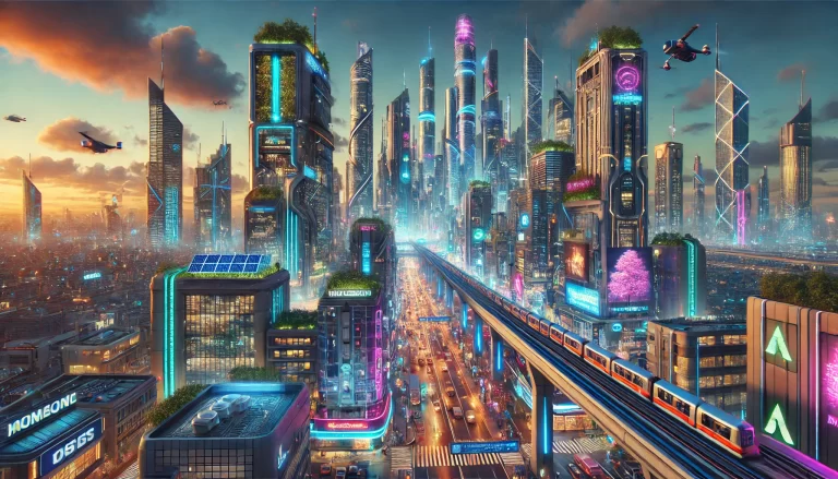 A hyper-realistic cyberpunk style cityscape featuring renewable energy technologies with neon lights and futuristic designs.