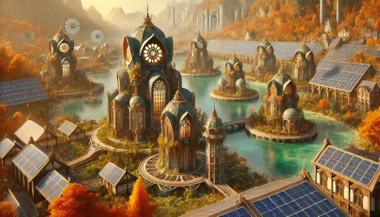 A solar-powered island utopia with Art Nouveau structures in autumn tones.