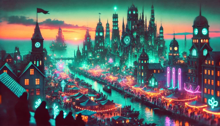 A fantastical oceanic cyberpunk utopia at dusk with gothic architecture and eco-friendly technology.