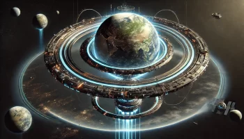 Hyper-realistic image of future space travel with Earth surrounded by advanced orbital rings mastering energy