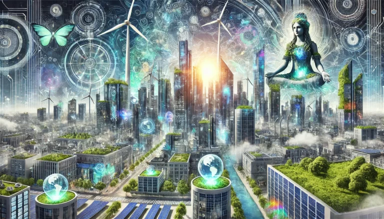 A futuristic eco-friendly city with green garden skyscrapers and renewable energy in a super futuristic city