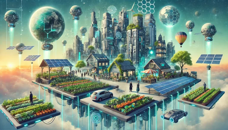 Futuristic floating city showcasing lifestyle and technology. Eco-conscious residents engage in sustainable practices like community gardens, farmers markets, and green rooftops.