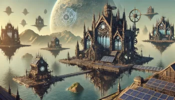 A futuristic oceanic steampunk city with floating platforms and Gothic architecture.