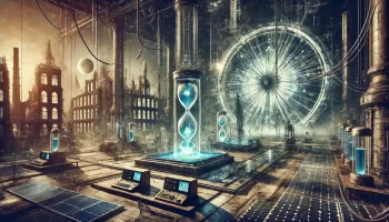 Abstract futuristic time-travel science laboratory in a post-apocalyptic setting