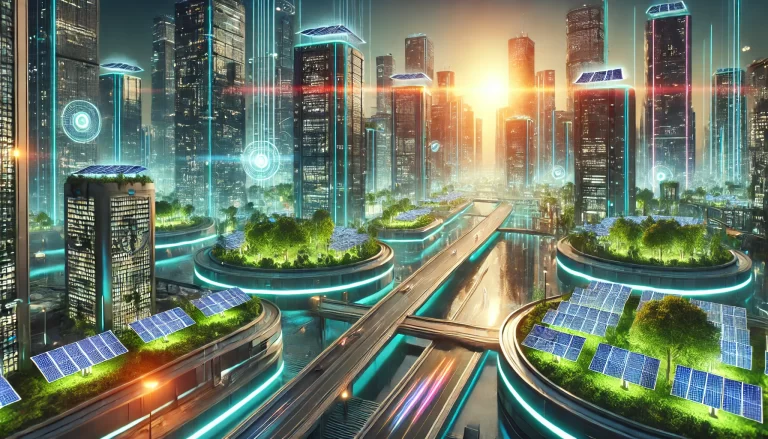 A futuristic urban oasis powered by solar energy with smart grid technology.