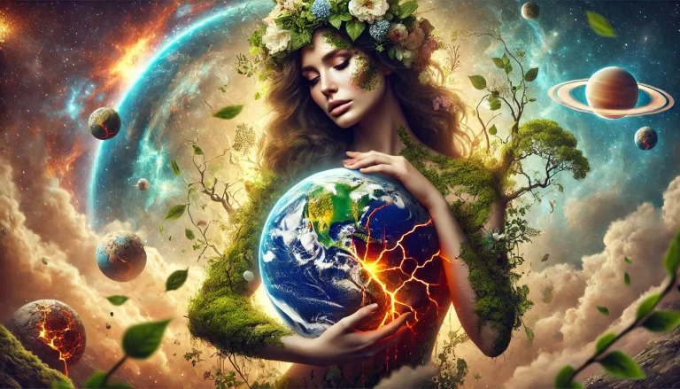 Mother Nature holding a fractured Earth with exposed lava, symbolizing environmental protest.