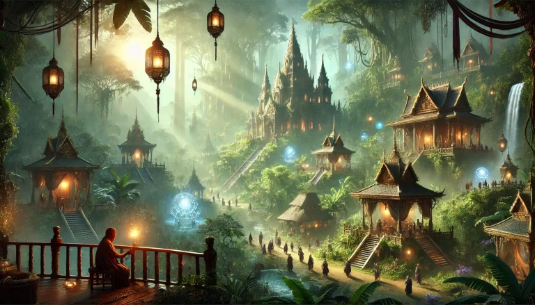 Mystic Savannah medieval magi-tech jungle civilization with Baroque temples