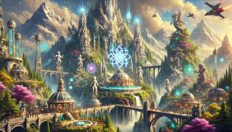 Hyper-realistic depiction of Nebula Sanctum, a high-tech mountain society blending ancient traditions and nanotechnology.