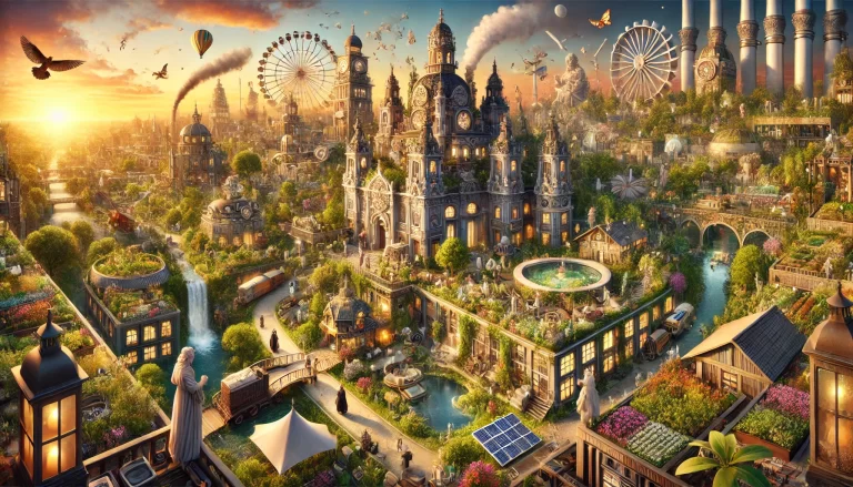 A utopian city where Dieselpunk machinery and Renaissance artistry coexist with sustainable living and biodiversity.