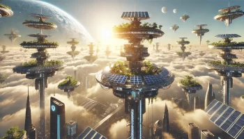 Skybound solarpunk civilization with floating islands and solar panels