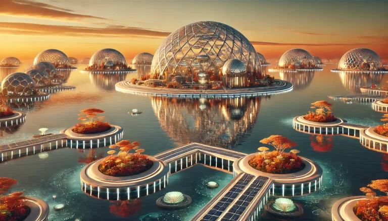 Futuristic solar-powered water city with floating domes and autumn colors