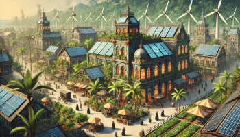 Solarpunk Victorian utopia on a tropical island with detailed wind turbines