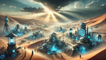 Steampunk-inspired civilization in a cool desert with advanced bioluminescent technologies