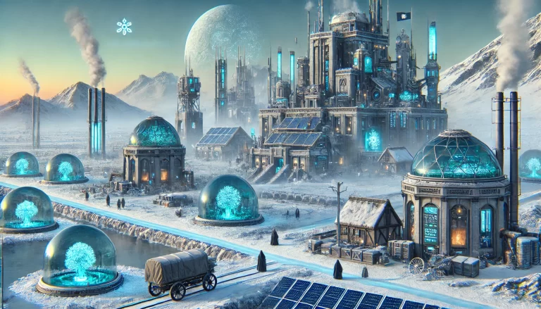 A high-tech Arctic civilization in the Titanium Tundra engaging in energy conservation with Brutalist structures and nanotechnology.