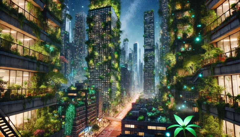 A bustling metropolis transformed into a lush urban jungle, with skyscrapers covered in vegetation and bioluminescent plants illuminating the night sky, created through AI image art.