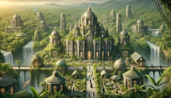 Utopian civilization Verdant Haven in a dense jungle with Baroque architecture and Eco-punk technology