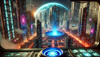 A futuristic cyberpunk cityscape set in space with neon lights, towering skyscrapers, and a blue glowing fusion reactor at the city's core.