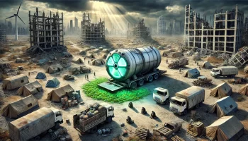 A compact nuclear energy device powering a post-apocalyptic landscape with makeshift shacks and survivors