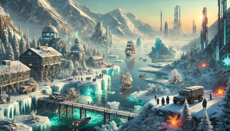 A breathtaking view of an arctic futuristic civilization with advanced technology and icy landscapes, featuring ships navigating through ice and towering structures.