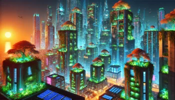 A cyberpunk neon-lit metropolis with lush vegetation in autumn colors, featuring green rooftops, vertical gardens, and bioluminescent plants.