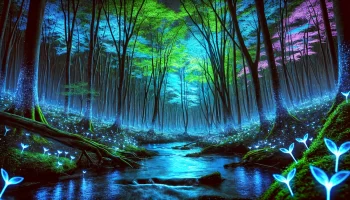 A breathtaking bio-luminescent forest with glowing leaves, a serene river, and illuminated mist, created by AI generated art