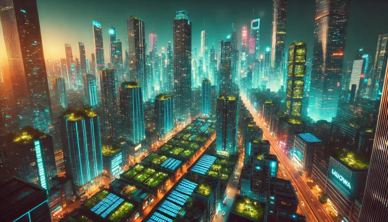 Cyberpunk green city with neon-lit skyscrapers and integrated solar panels