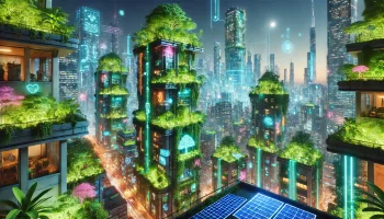 A cyberpunk urban jungle with a neon-lit metropolis covered in lush vegetation, featuring eco-friendly buildings with green rooftops and bioluminescent plants.