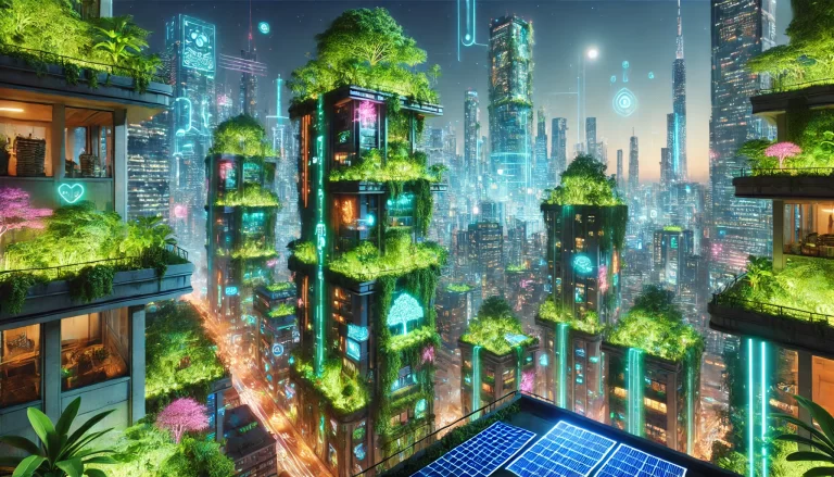 A cyberpunk urban jungle with a neon-lit metropolis covered in lush vegetation, featuring eco-friendly buildings with green rooftops and bioluminescent plants.