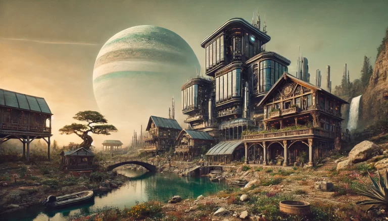 Dystopian Renaissance cyberpunk scene on an exoplanet blending futuristic architecture with Baroque aesthetic