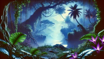 Lush eco-fantasy jungle with towering trees, vibrant foliage, and mystical light illuminating the dense vegetation.