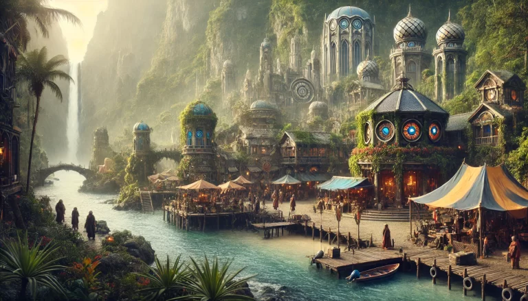 A breathtaking fantasy eco-village nestled in nature with Renaissance-inspired architecture and renewable energy design.